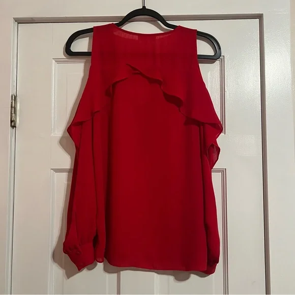#10 PARKER RUFFLE V-NECK COLD SHOULDER VIBRANT RED BLOUSE TOP SIZE SMALL - Picture 2 of 5